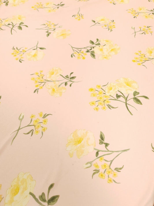 Pale Pink & Yellow Floral Print Lightweight Jersey Crepe Fabric 4 Way Stretch