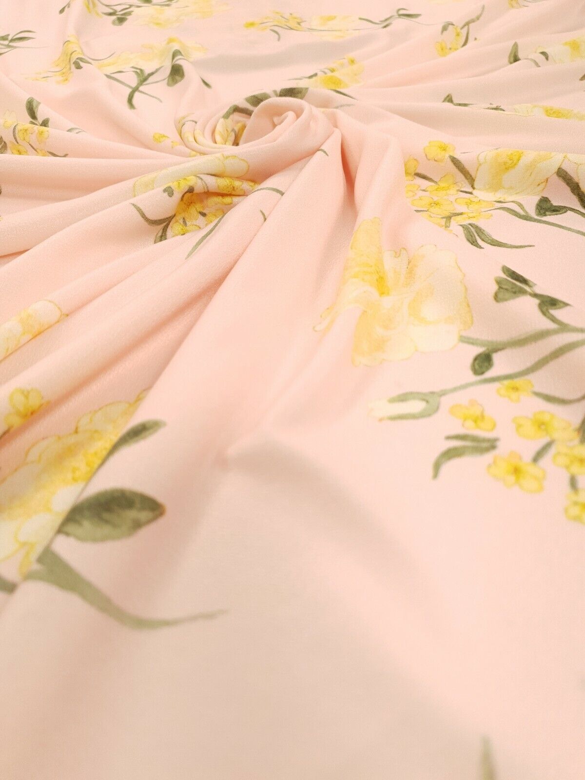 Pale Pink & Yellow Floral Print Lightweight Jersey Crepe Fabric 4 Way Stretch