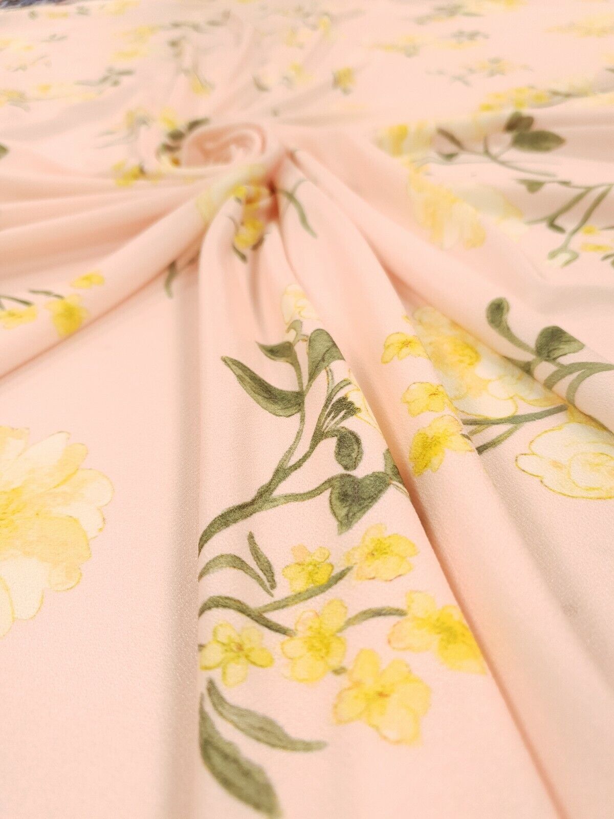 Pale Pink & Yellow Floral Print Lightweight Jersey Crepe Fabric 4 Way Stretch