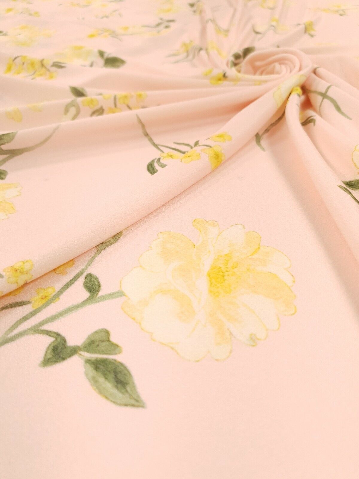 Pale Pink & Yellow Floral Print Lightweight Jersey Crepe Fabric 4 Way Stretch