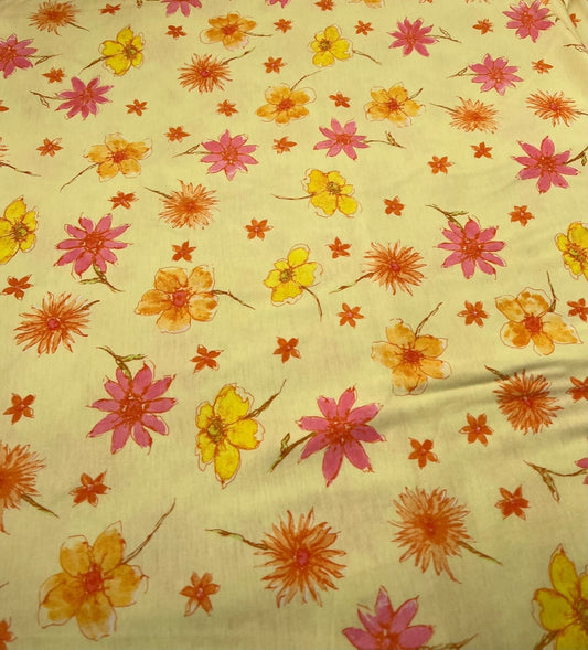 Pale Yellow Floral Print Spun Poly Stretch Fabric