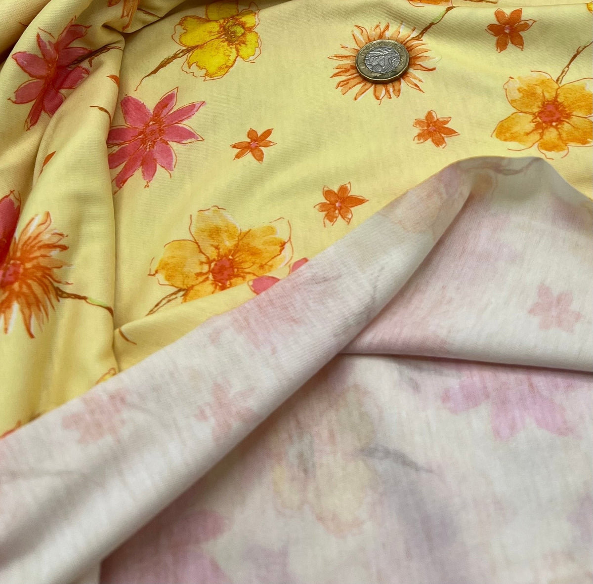 Pale Yellow Floral Print Spun Poly Stretch Fabric