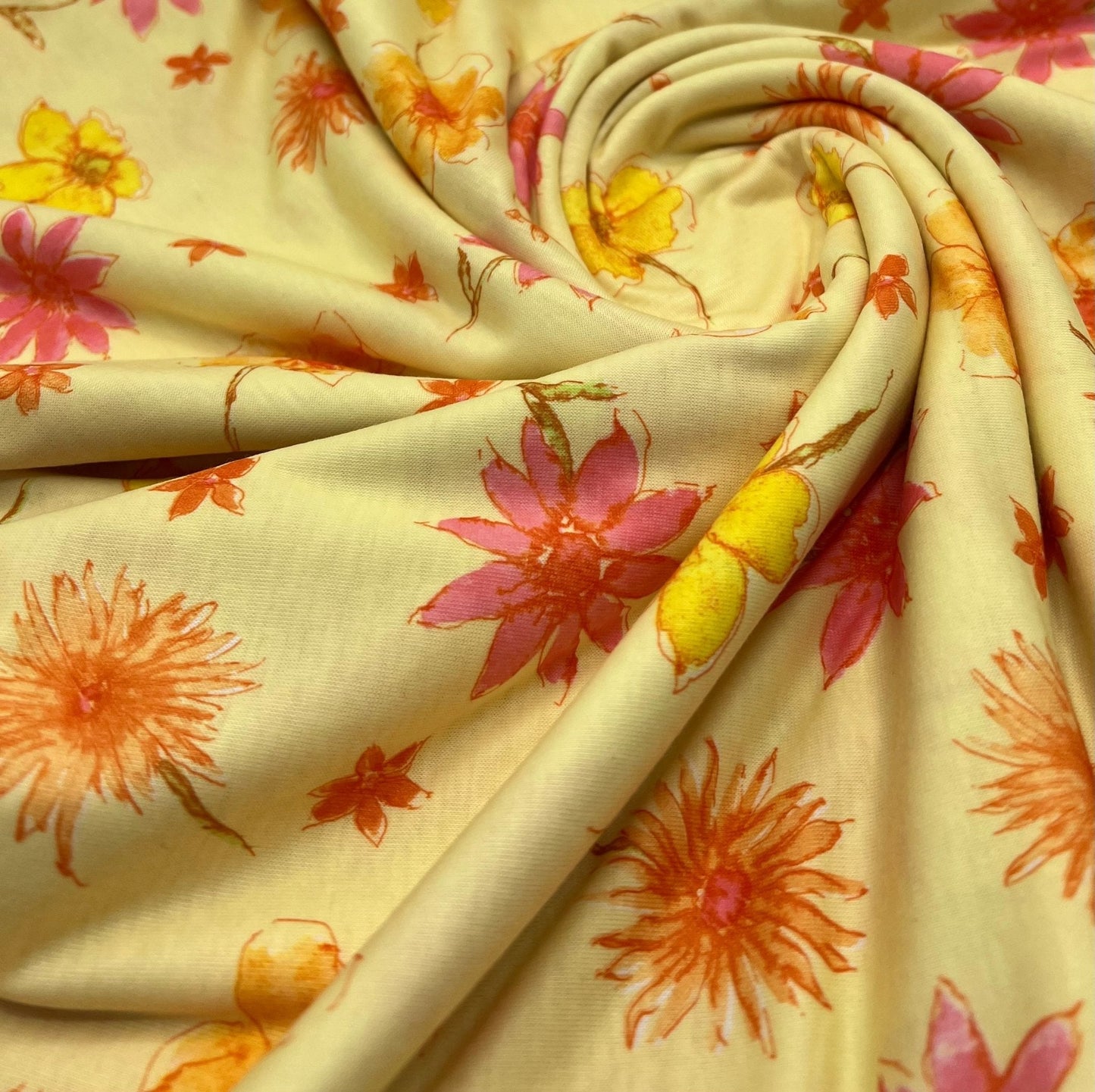 Pale Yellow Floral Print Spun Poly Stretch Fabric
