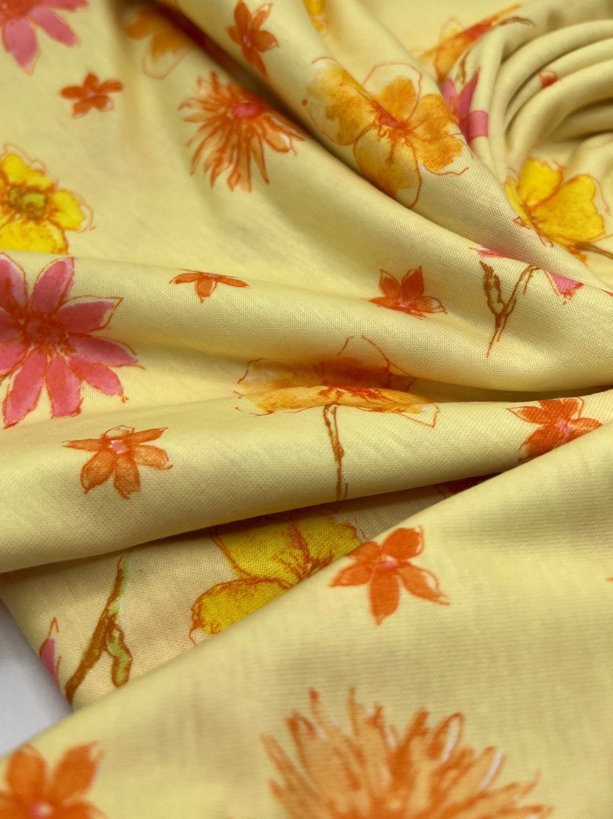 Pale Yellow Floral Print Spun Poly Stretch Fabric