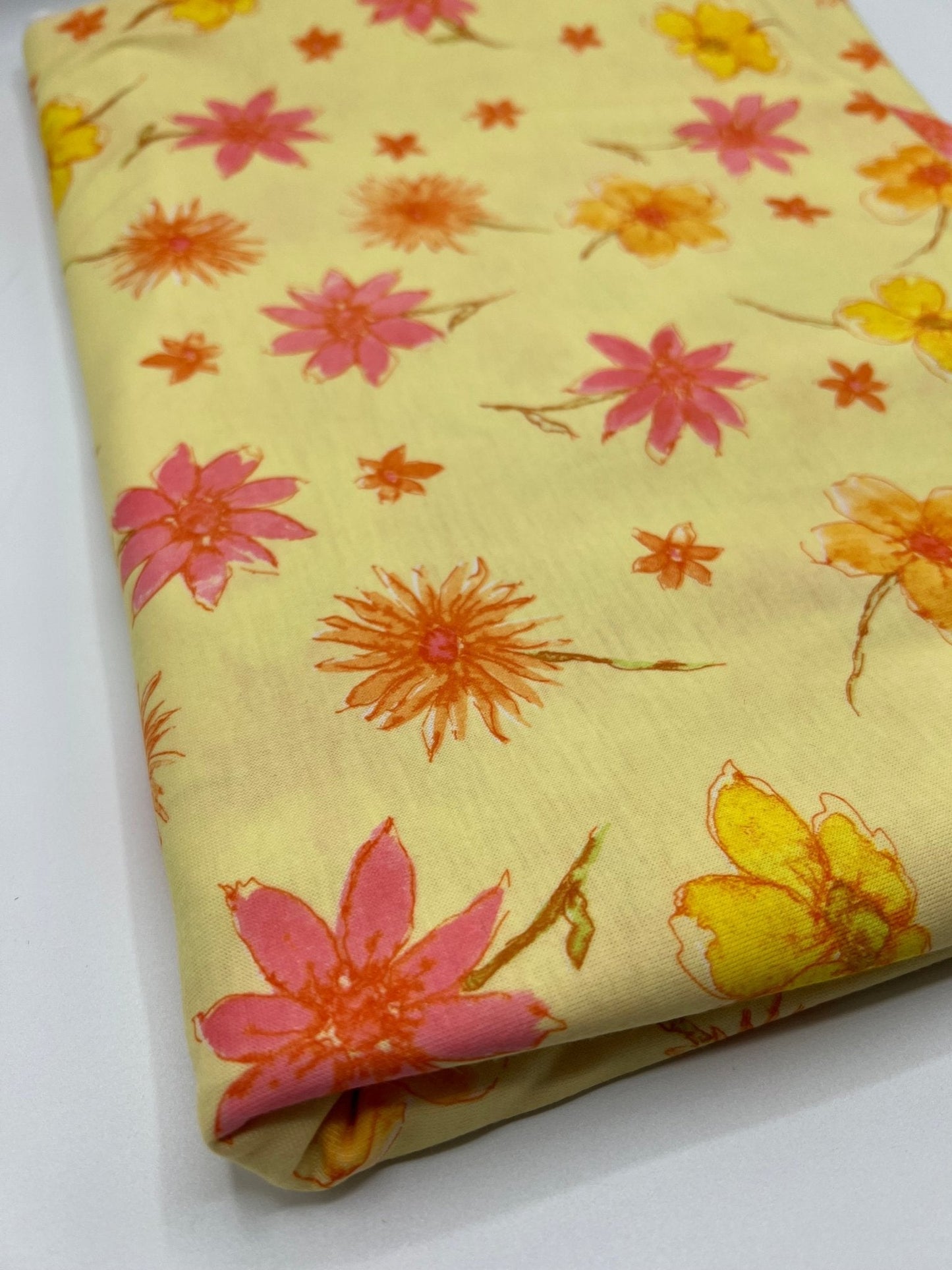 Pale Yellow Floral Print Spun Poly Stretch Fabric