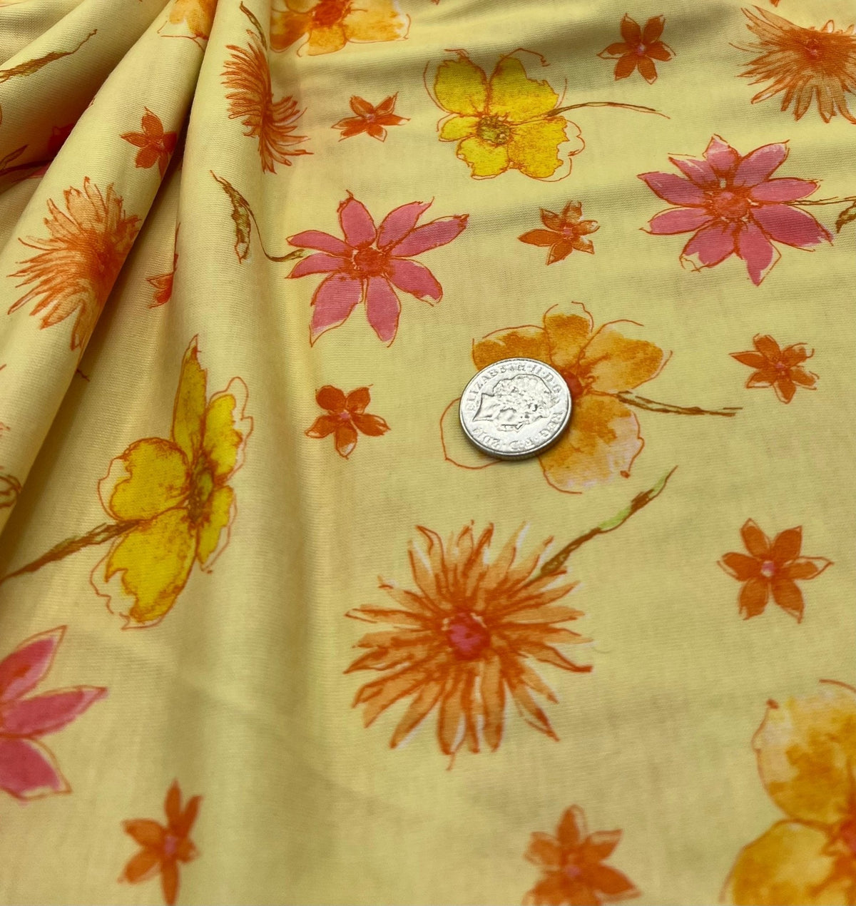 Pale Yellow Floral Print Spun Poly Stretch Fabric