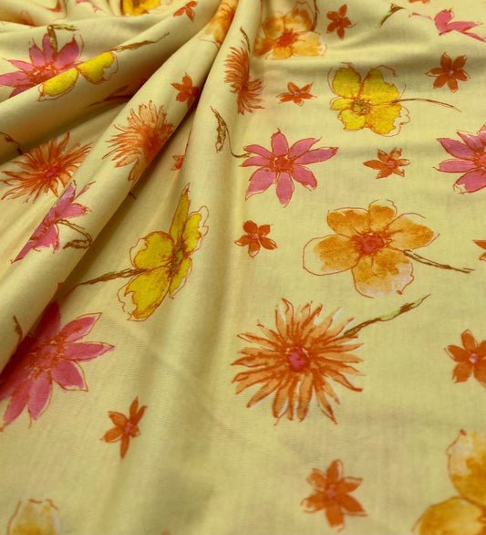 Pale Yellow Floral Print Spun Poly Stretch Fabric