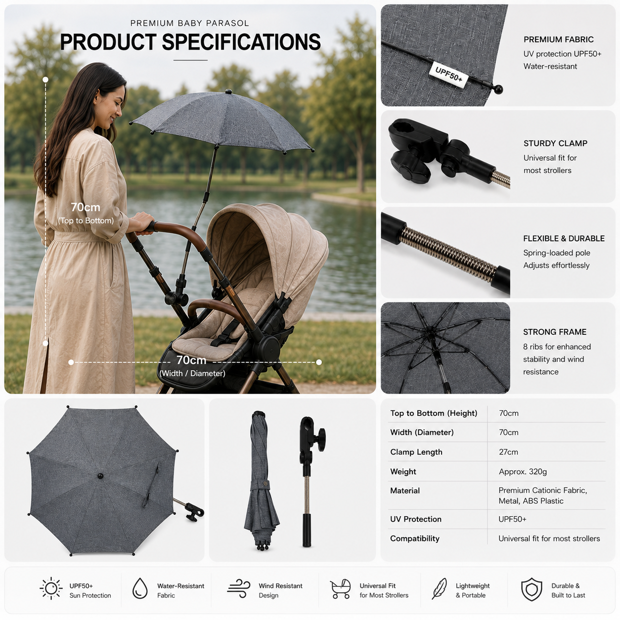 Premium Universal Baby Parasol / Umbrella - Fits All Pushchairs / Prams / Strollers And Buggies - Fits All Models