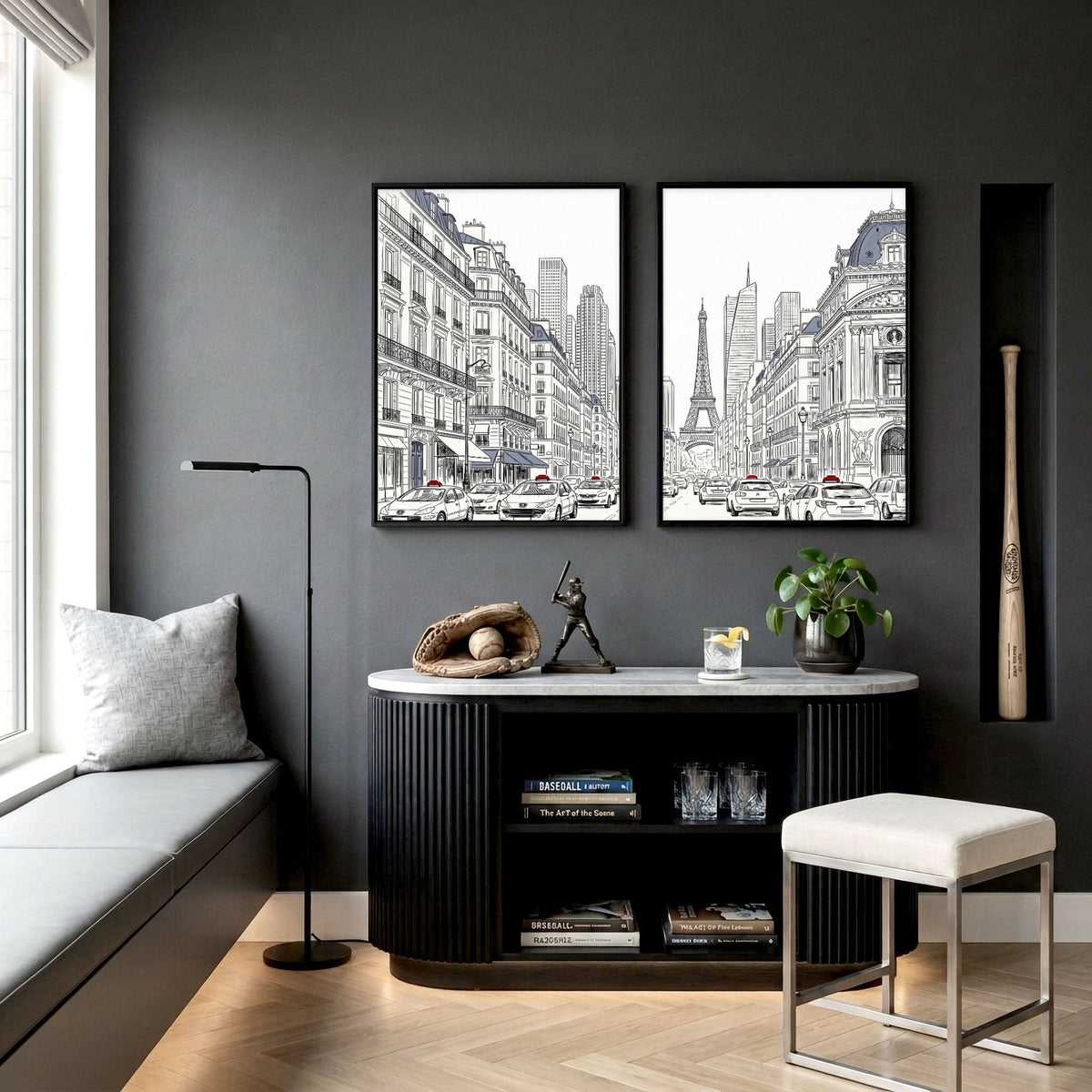 Paris Posters Black & White Street Scene with Eiffel Tower | Set of 2