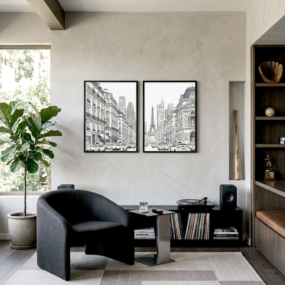 Paris Posters Black & White Street Scene with Eiffel Tower | Set of 2