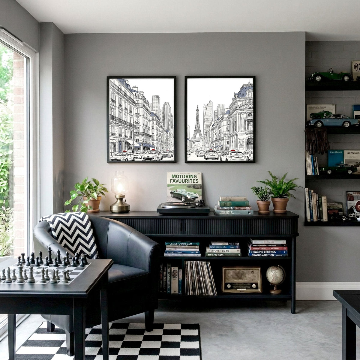Paris Posters Black & White Street Scene with Eiffel Tower | Set of 2
