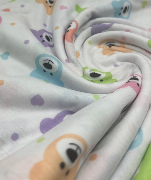 Pastel Colour Bear Faces Print Spun Poly Stretch Fabric