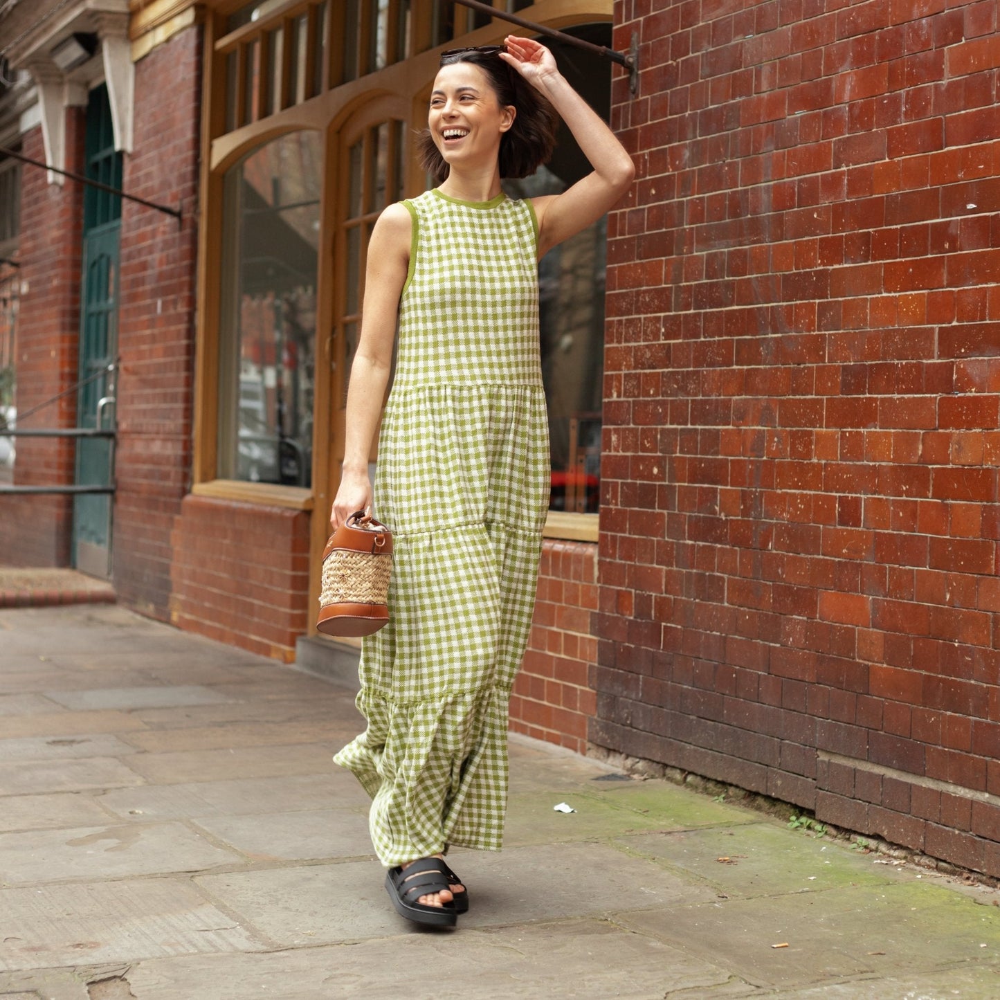 Paula Gingham Cotton Knitted Maxi Dress - Green