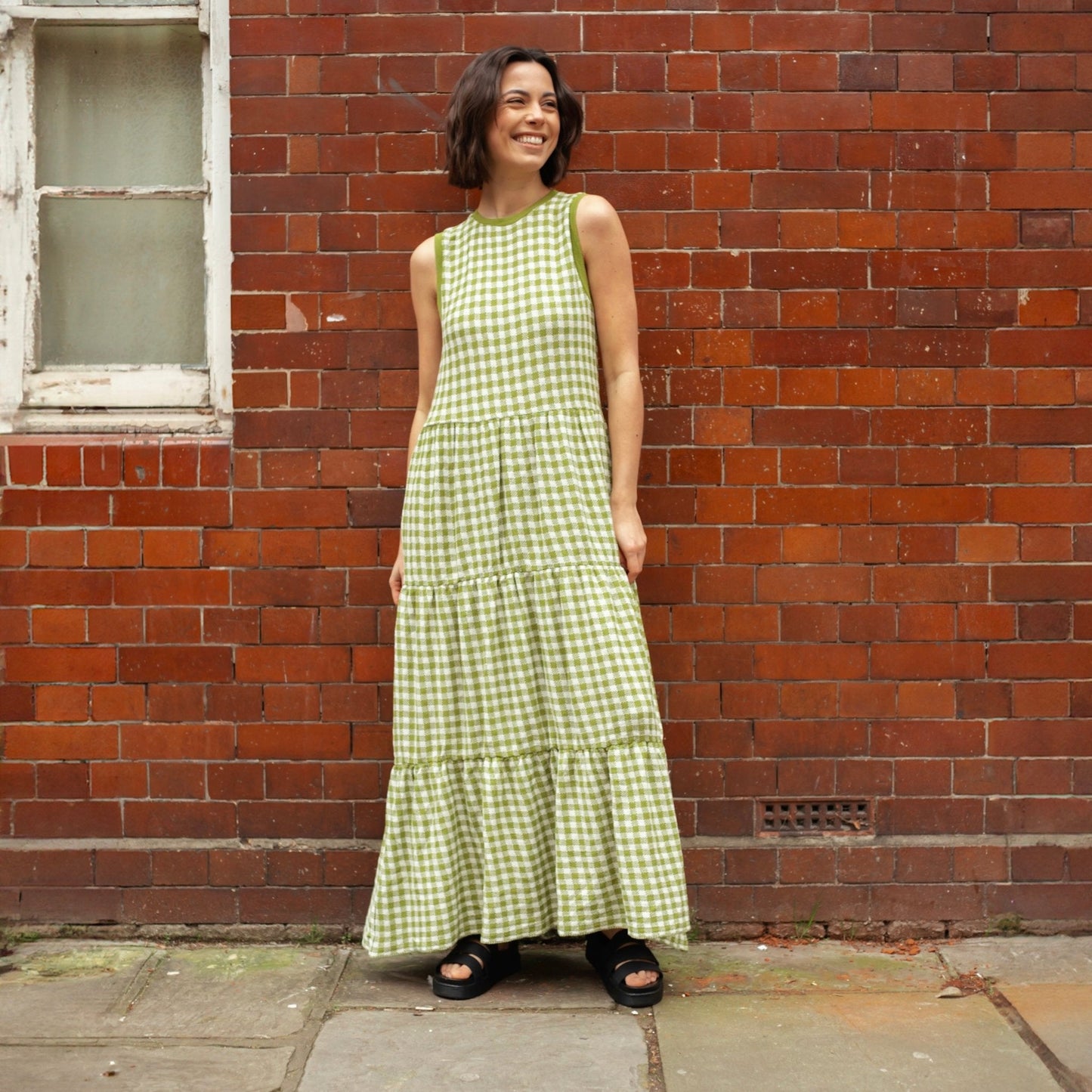 Paula Gingham Cotton Knitted Maxi Dress - Green