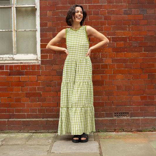 Paula Gingham Cotton Knitted Maxi Dress - Green