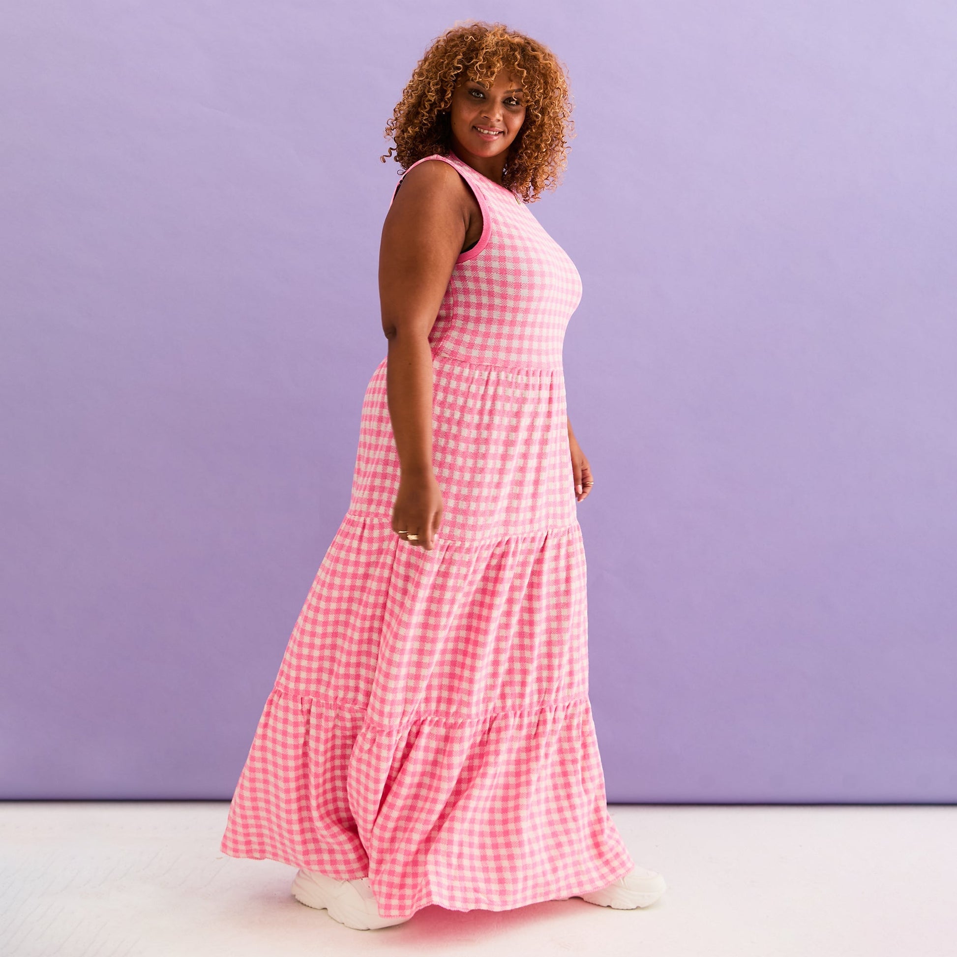 Paula Gingham Cotton Knitted Maxi Dress - Hot Pink The Foalyard Paula Gingham Cotton Knitted Maxi Dress - Hot Pink The Foalyard