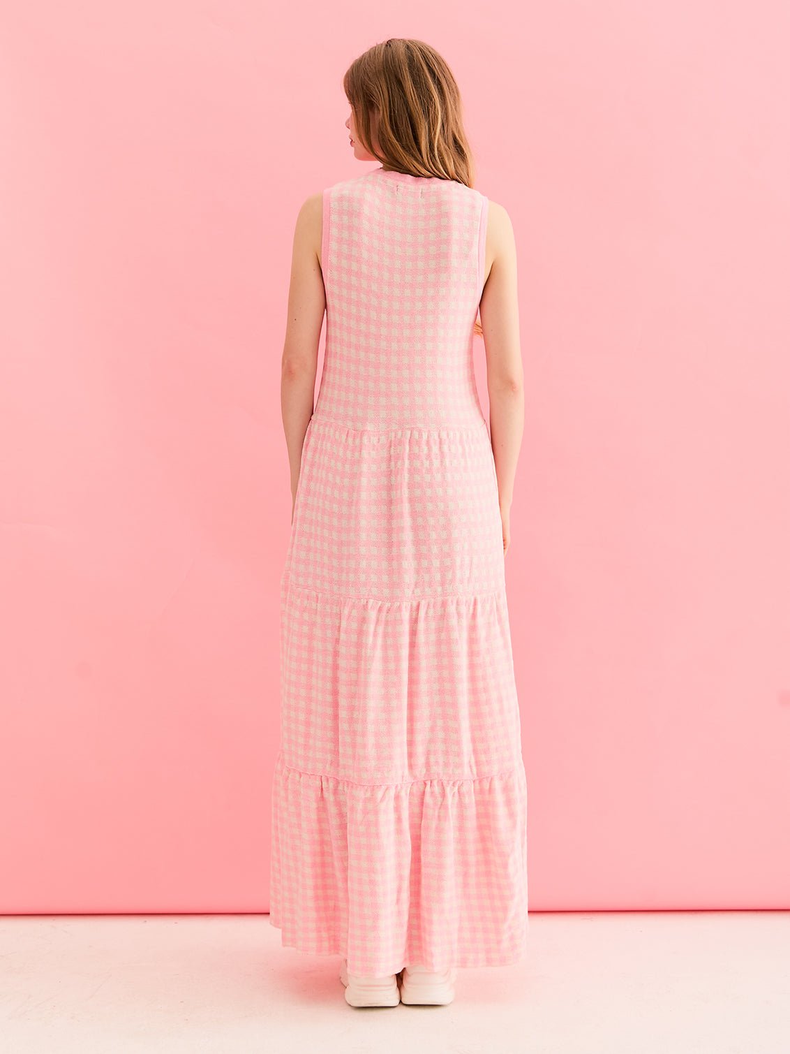 Paula Gingham Cotton Knitted Maxi Dress - Light Pink