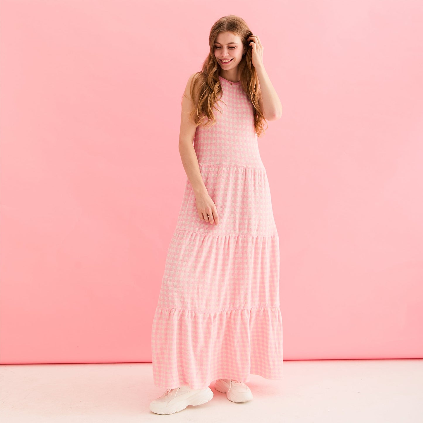 Paula Gingham Cotton Knitted Maxi Dress - Light Pink