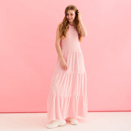 Paula Gingham Cotton Knitted Maxi Dress - Light Pink