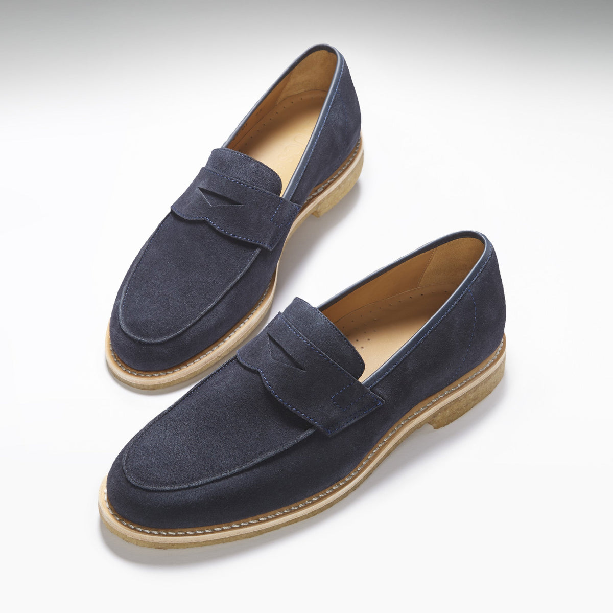 Blue Suede Loafers, Crepe Rubber Welted Sole