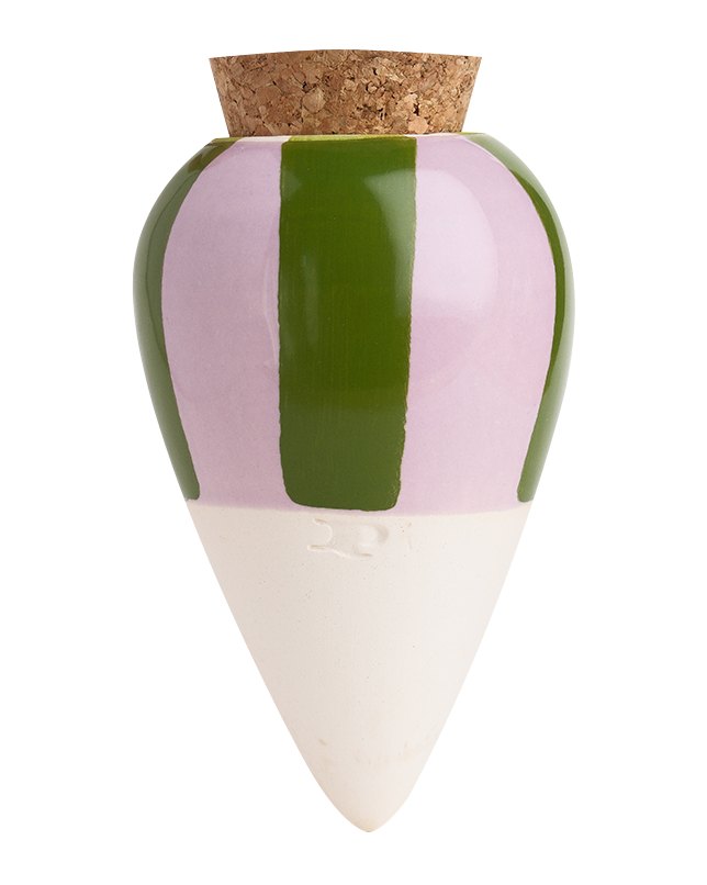 Pepin Olla with green and lilac stripes, white base and cork stopper on a plain background