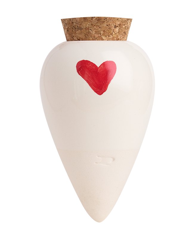 White Pepin Olla with a hand-painted red heart and cork stopper on a plain background