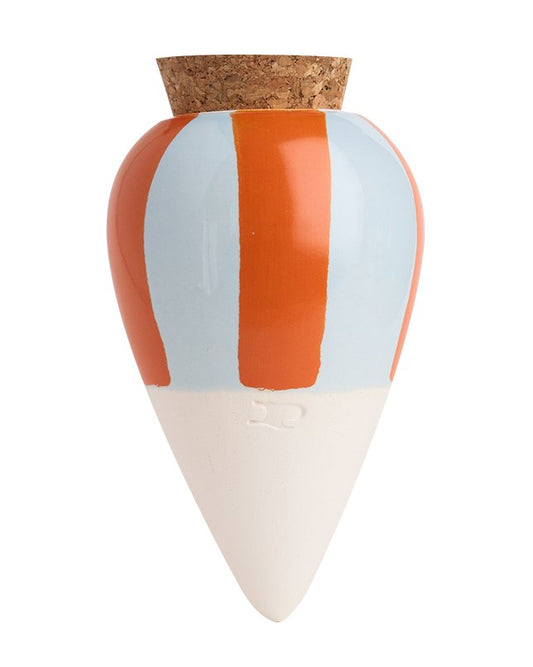 Pepin Olla with orange and blue stripes, white base and cork stopper on a plain background