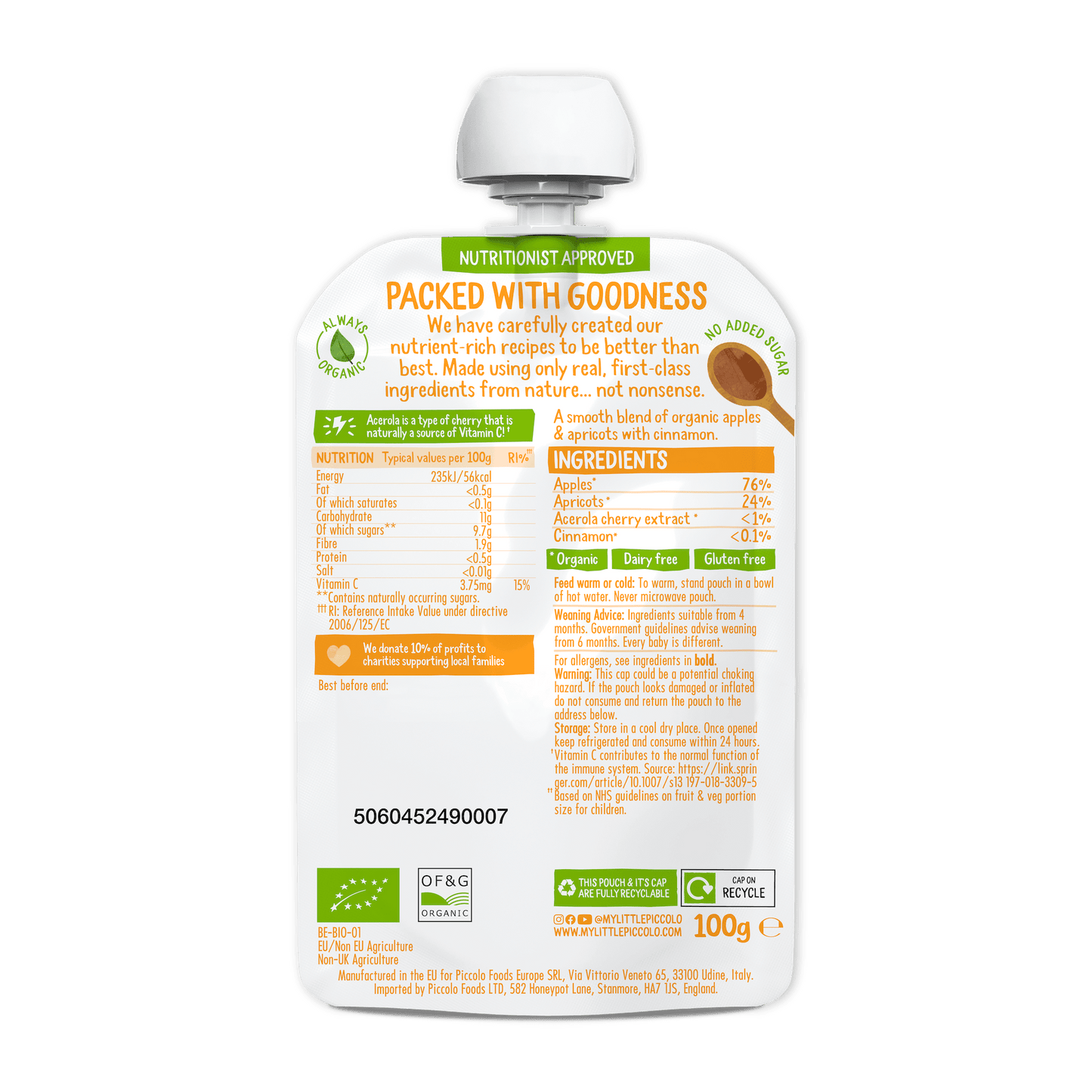Piccolo Organic Apple & Apricot Baby Food Pouch 100g 4m+