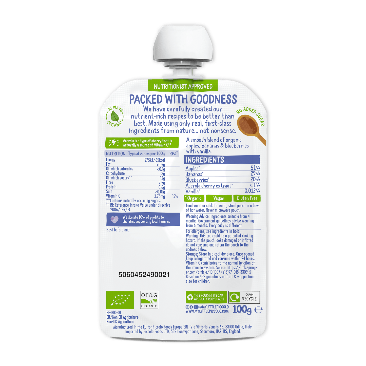 Piccolo Organic Apple Banana & Blueberry Baby Food Pouch 100g 4m+