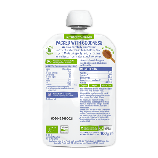 Piccolo Organic Apple Banana & Blueberry Baby Food Pouch 100g 4m+