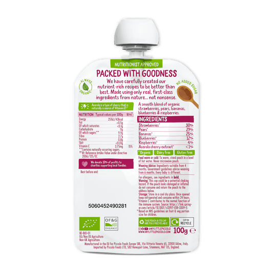 Piccolo Organic Blushing Berries Pear & Banana Baby Food 100g 4m+
