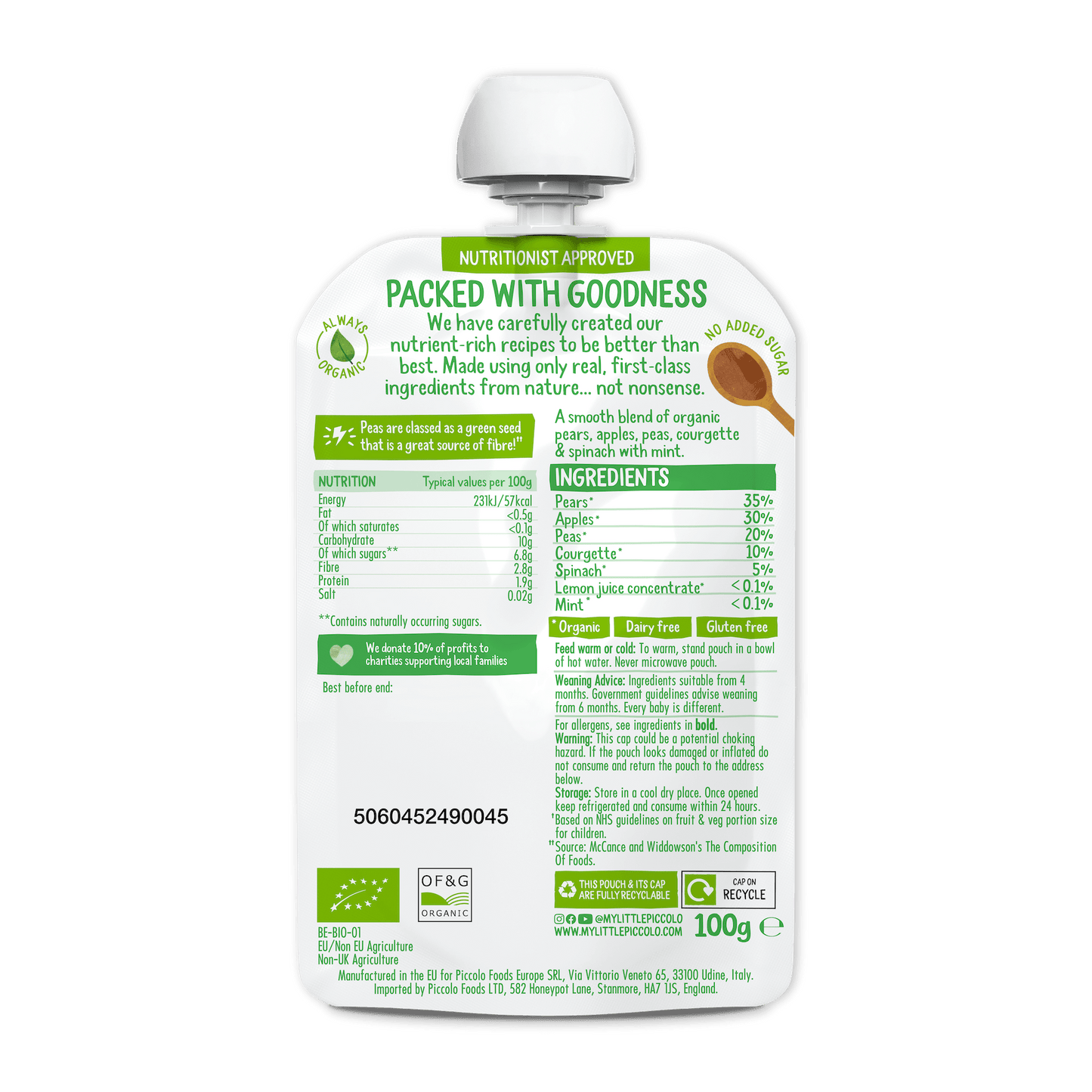 Piccolo Organic Pear Apple & Spring Greens Baby Food Pouch 100g 4m+