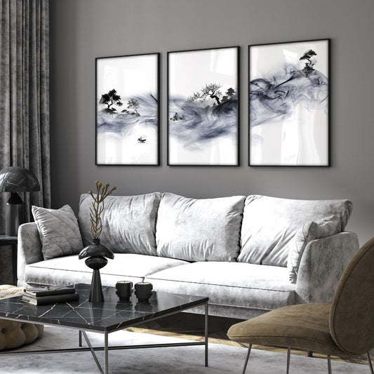 Japanese Ink Wash Landscape Picture for Living Room Wall | Set of 3