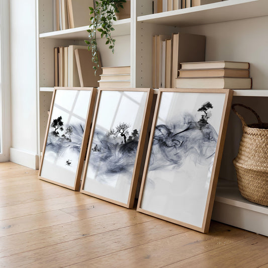 Japanese Ink Wash Landscape Picture for Living Room Wall | Set of 3