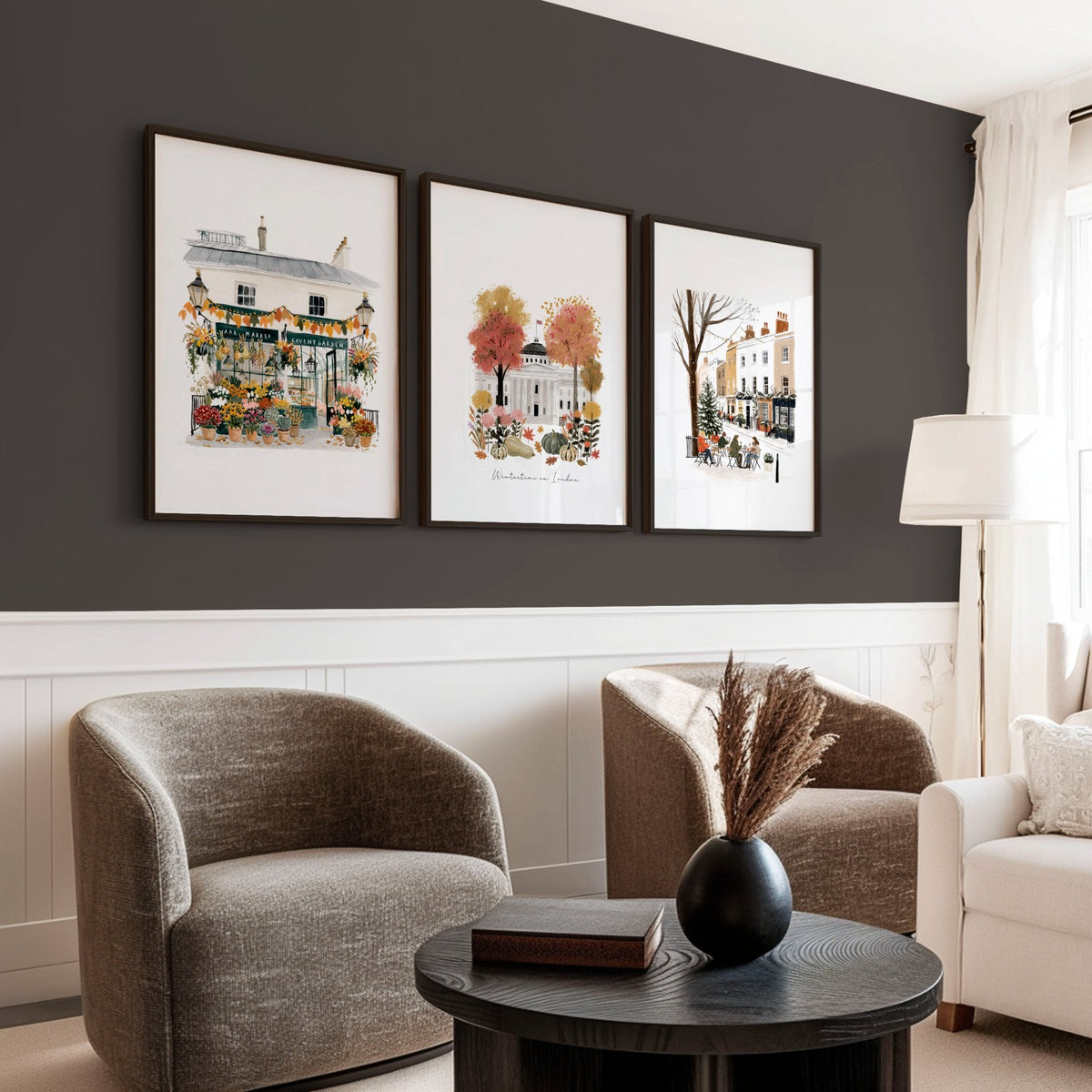 Picture for Wall Living Room London Travel Wall Art Prints | "Wintertime in London" Covent Garden Terracotta Set of 3