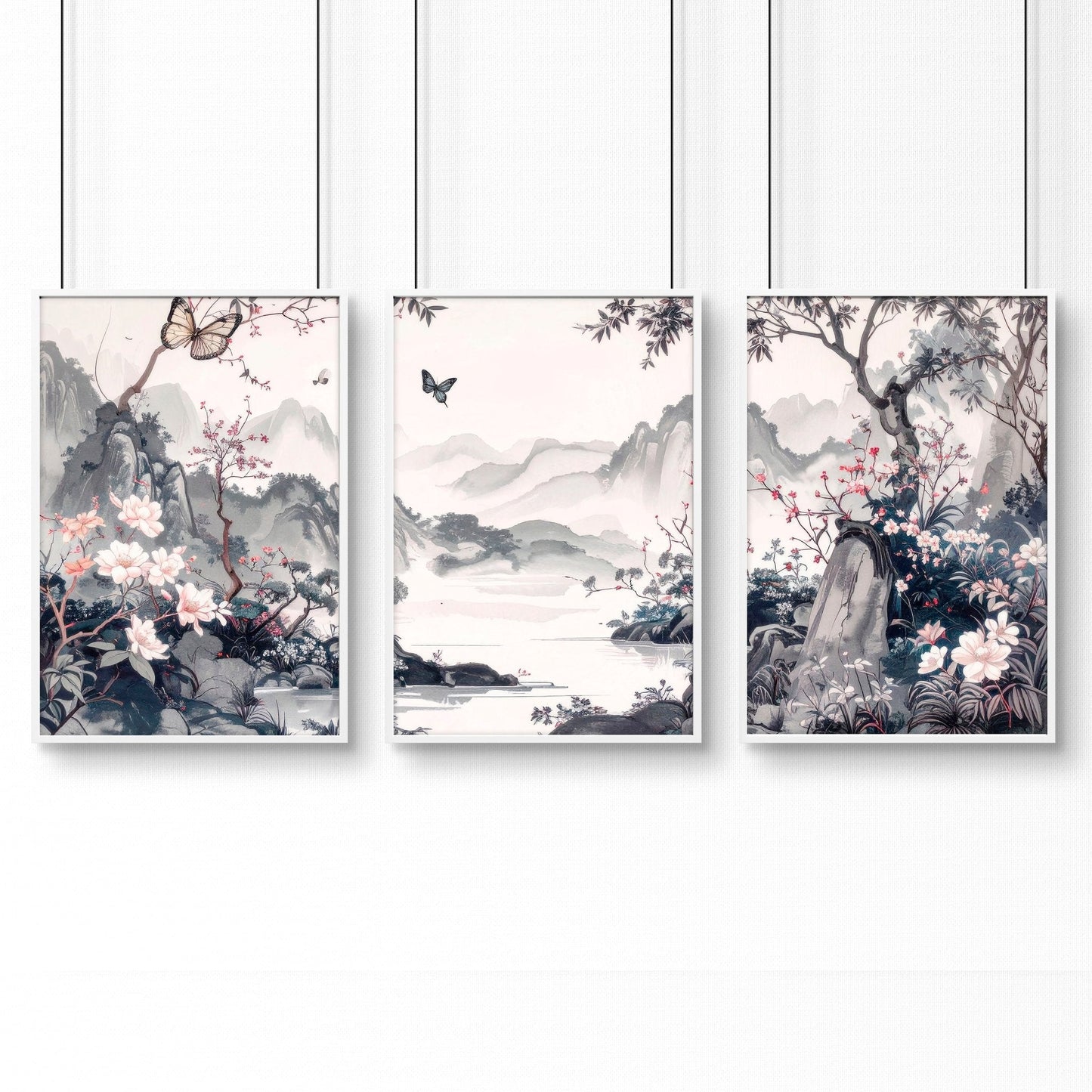 Picture Walls Living Room | Set of 3 Chinoiserie Wall art Prints