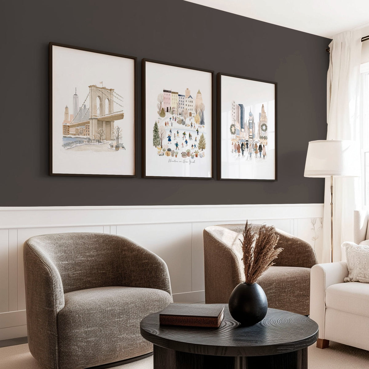 Pictures Above Fireplace New York Watercolour Travel Wall Art Prints | "Winter in New York" | Set of 3