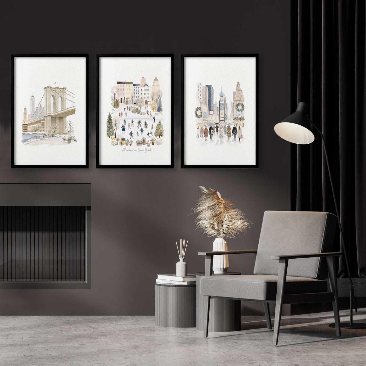 Pictures Above Fireplace New York Watercolour Travel Wall Art Prints | "Winter in New York" | Set of 3