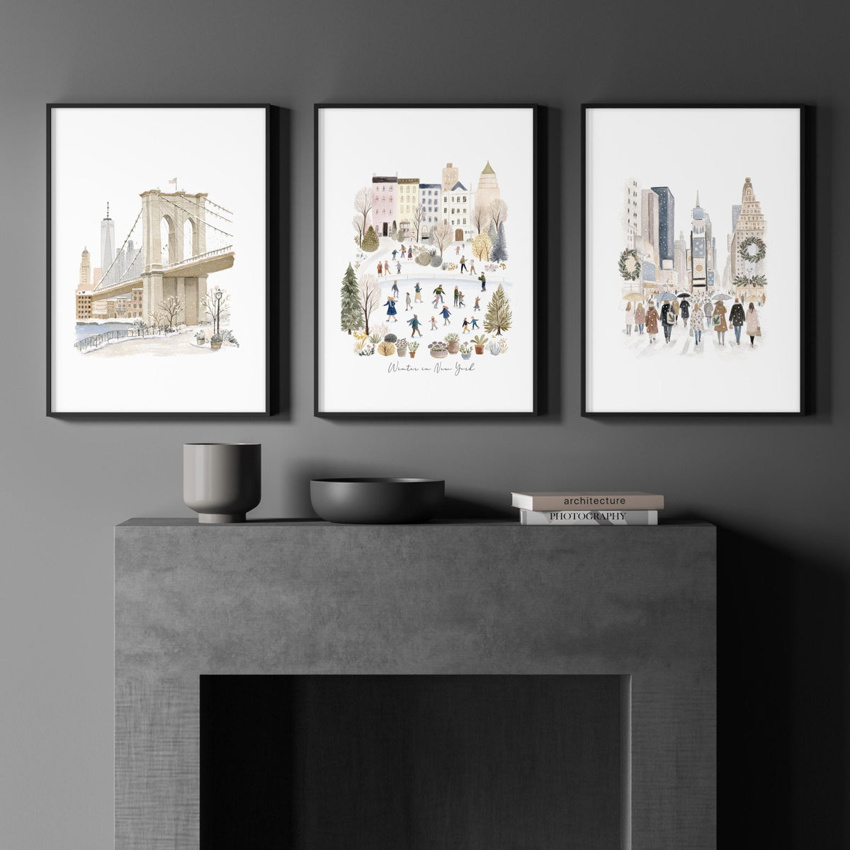 Pictures Above Fireplace New York Watercolour Travel Wall Art Prints | "Winter in New York" | Set of 3
