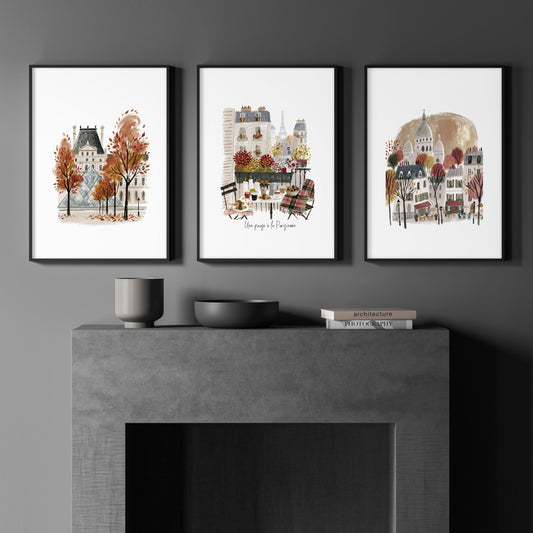 Pictures for Lounges Paris Autumn Travel Wall Art Prints | "Une pause à la Parisienne" Eiffel Tower, Louvre & Montmartre | Set of 3