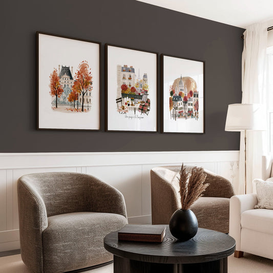 Pictures for Lounges Paris Autumn Travel Wall Art Prints | "Une pause à la Parisienne" Eiffel Tower, Louvre & Montmartre | Set of 3