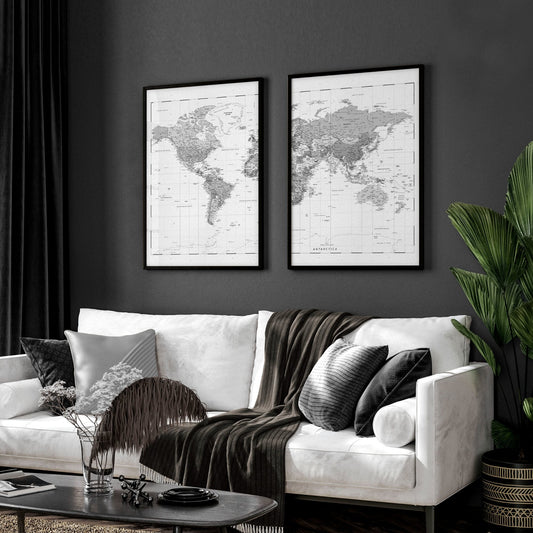Pictures for My Living Room Vintage Grey World Map Wall Art Prints | Set of 2