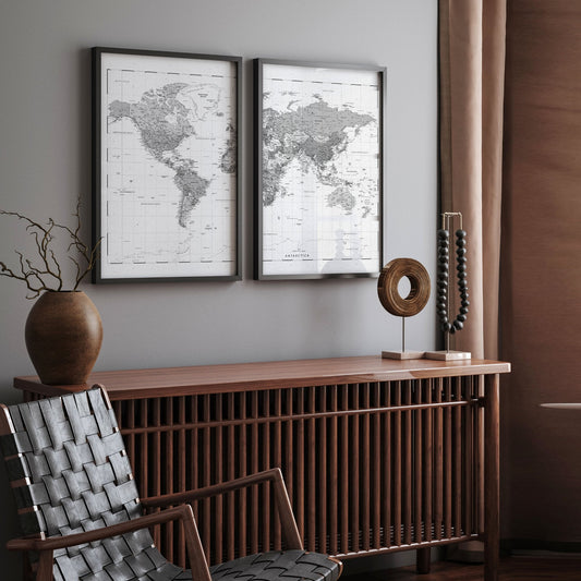 Pictures for My Living Room Vintage Grey World Map Wall Art Prints | Set of 2