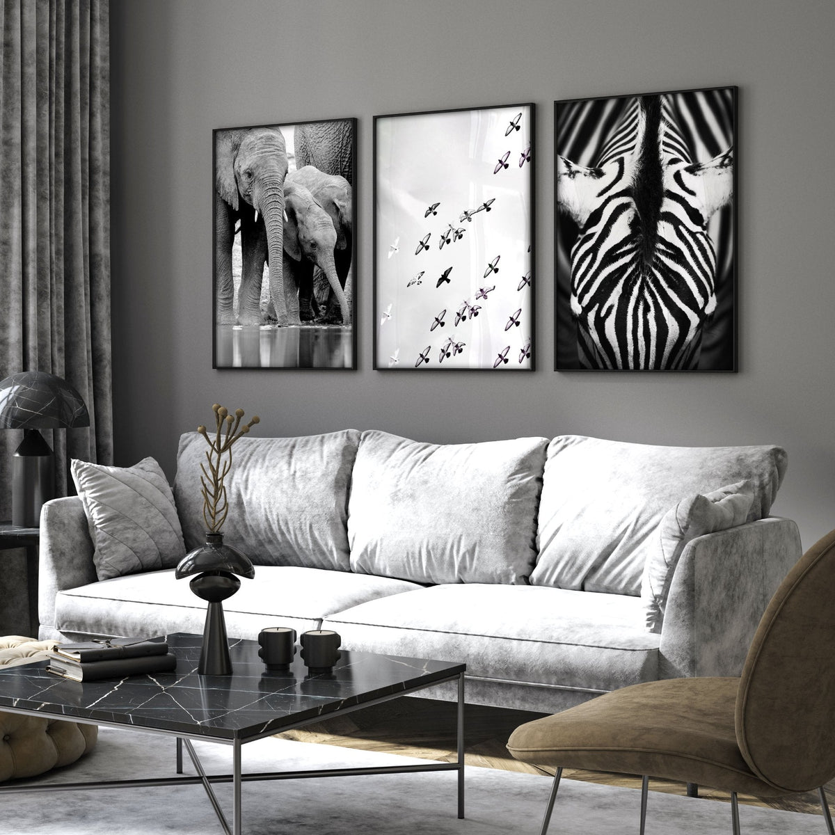Pictures for the Living Room Wall Black & White Wildlife Safari Art Prints — Elephants, Birds & Zebra | Set of 3