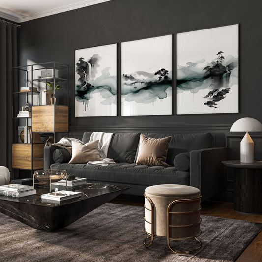 Pictures for Walls in Living Room Japandi Ink Wash Landscape Wall Art Prints | Set of 3