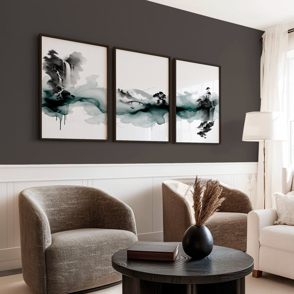 Pictures for Walls in Living Room Japandi Ink Wash Landscape Wall Art Prints | Set of 3