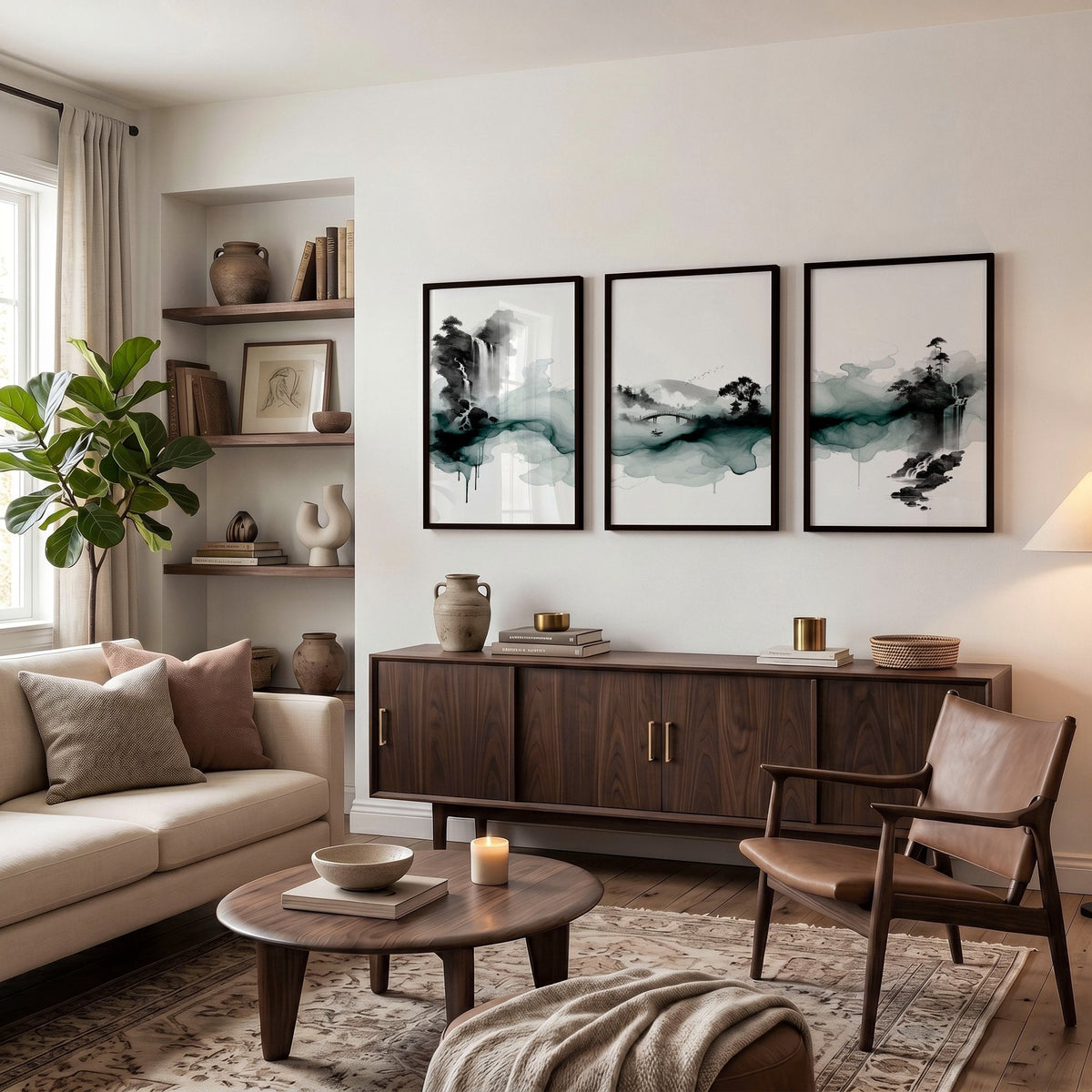 Pictures for Walls in Living Room Japandi Ink Wash Landscape Wall Art Prints | Set of 3