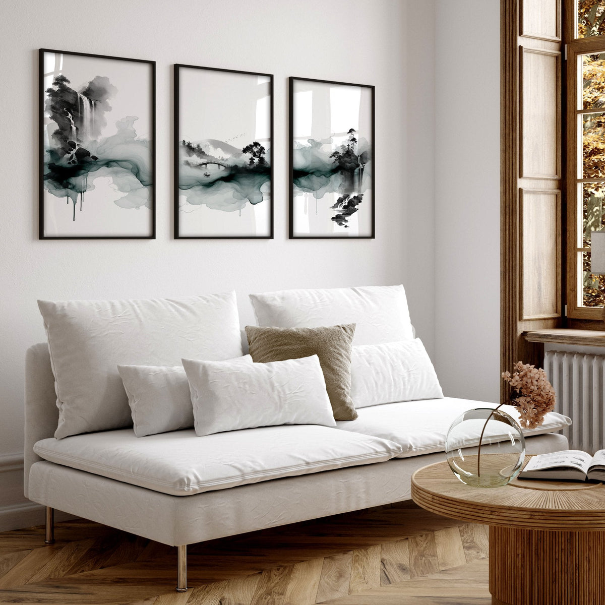 Pictures for Walls in Living Room Japandi Ink Wash Landscape Wall Art Prints | Set of 3
