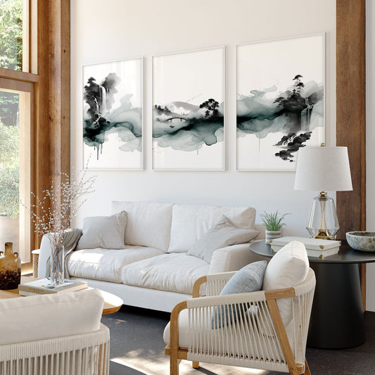 Pictures for Walls in Living Room Japandi Ink Wash Landscape Wall Art Prints | Set of 3