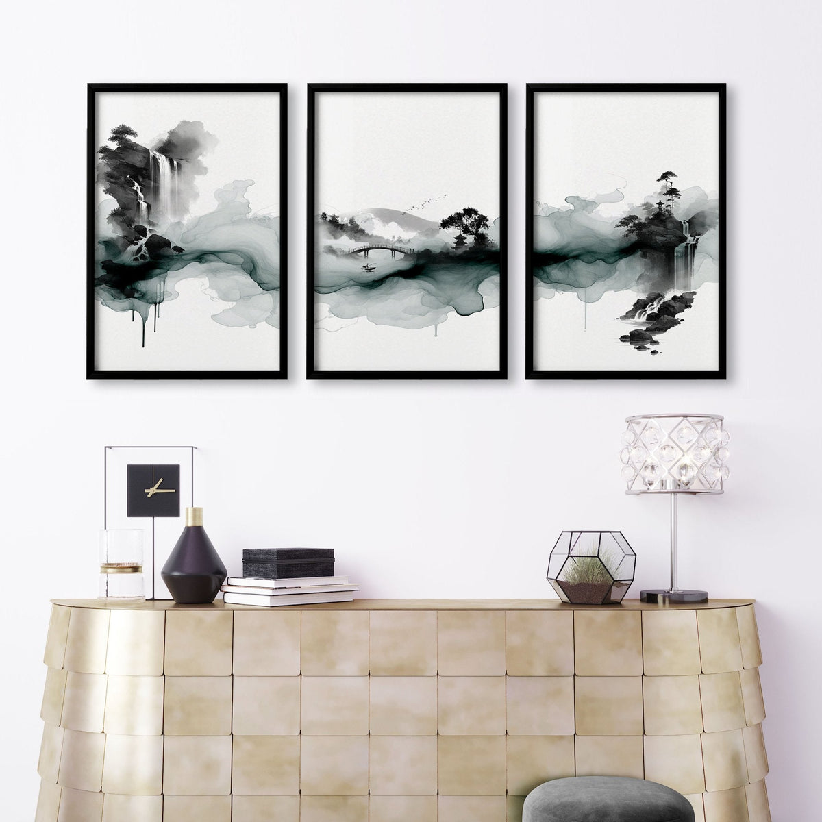 Pictures for Walls in Living Room Japandi Ink Wash Landscape Wall Art Prints | Set of 3